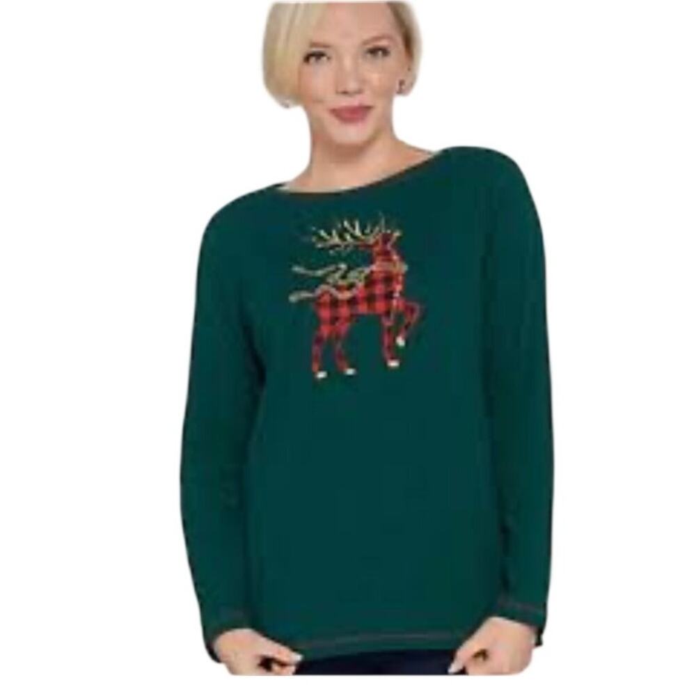 Quacker Factory dark green waffle Christmas top buffalo plaid reindeer w/studs